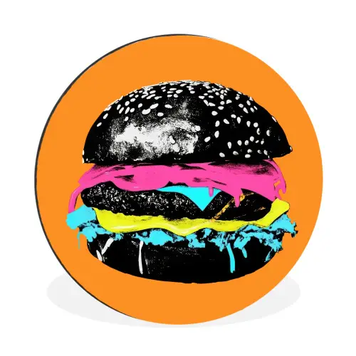 Hamburger - Oranje - Neon - popart Wandcirkel aluminium klein -3d