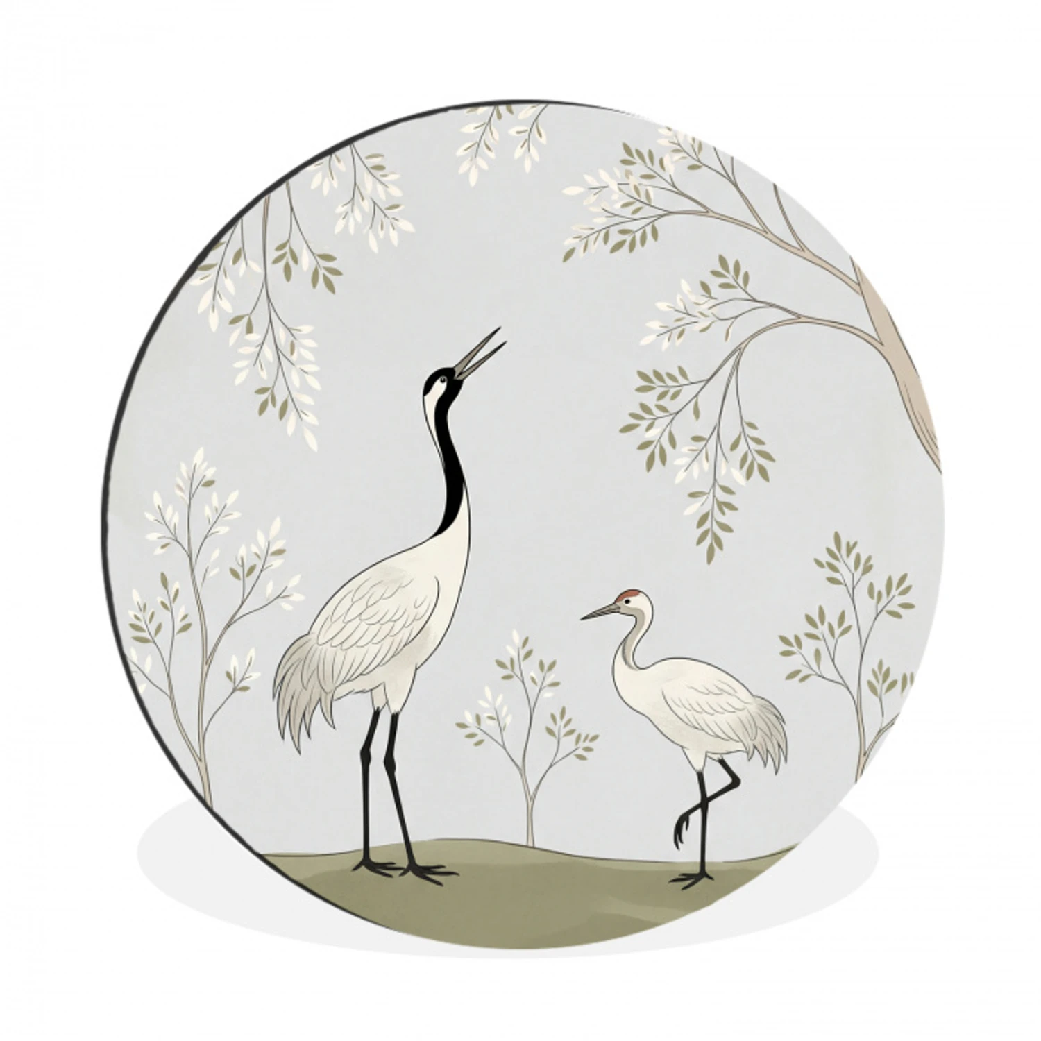 Minimalistisch - Kraanvogels - Blauw Wandcirkel aluminium klein -3d
