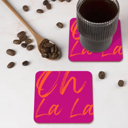 Oh la la - Oranje - Roze onderzetter kurk middel -sfeer2