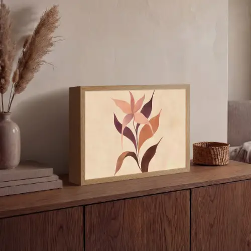 Minimalistisch - Bloem - Bladeren - Beige Light Box met batterij (Wandlamp) middel -sfeer2