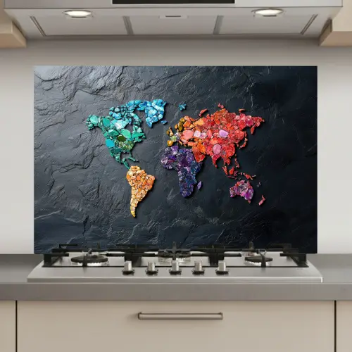 Wereldkaart - Edelstenen - Regenboog - Ruw keuken achterwand spatscherm klein -3d_website