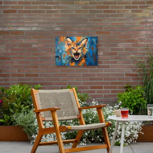 Kat - Kleurrijk - Oranje - Blauw Tuinposter op houten frame 2 cm dik klein -sfeer3