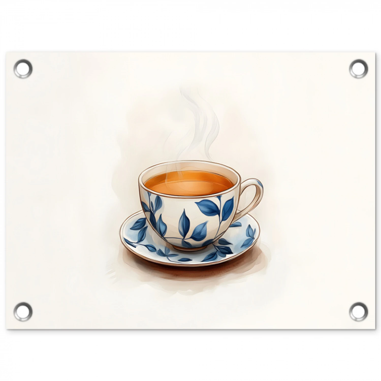 Theekop - Bladeren - Blauw tuinposter los doek klein -3d