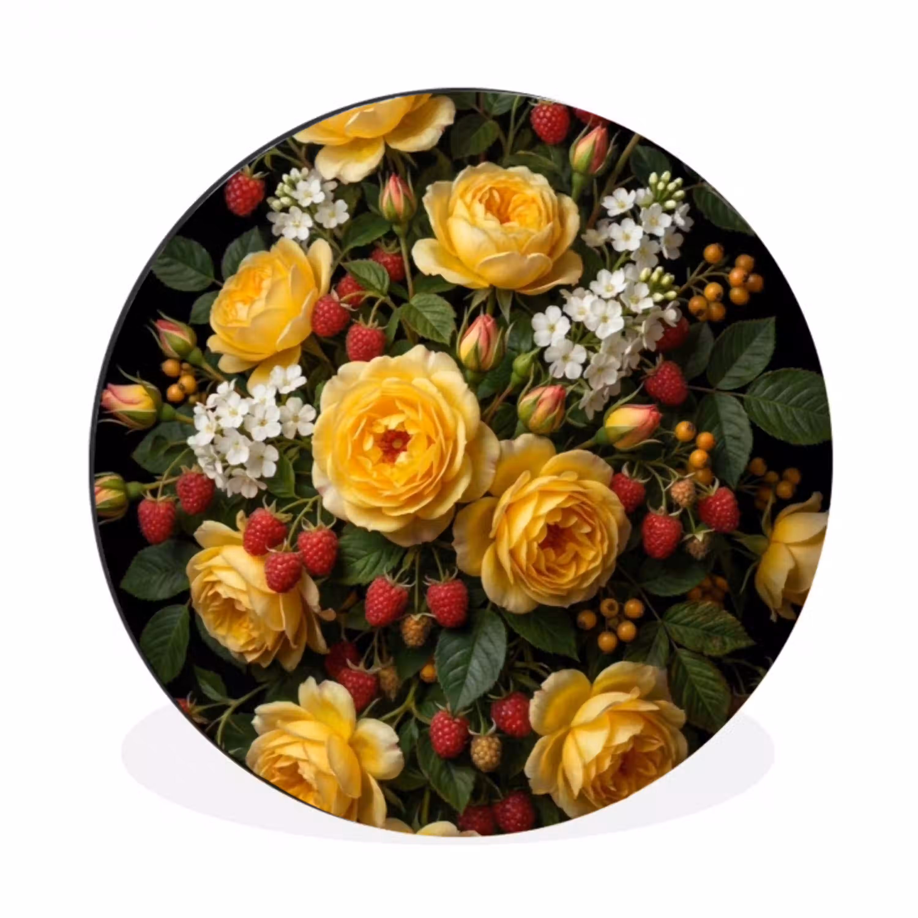 Bloemen - Boeket - Natuur - Klassiek - Geel Wandcirkel aluminium klein -3d