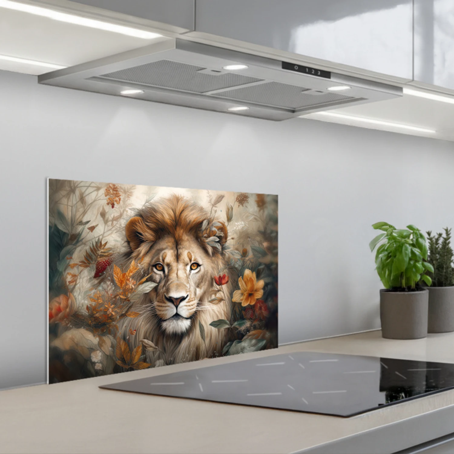 Leeuw - Wilde dieren - Planten - Natuur - Bloemen keuken achterwand spatscherm klein -3d_schuin