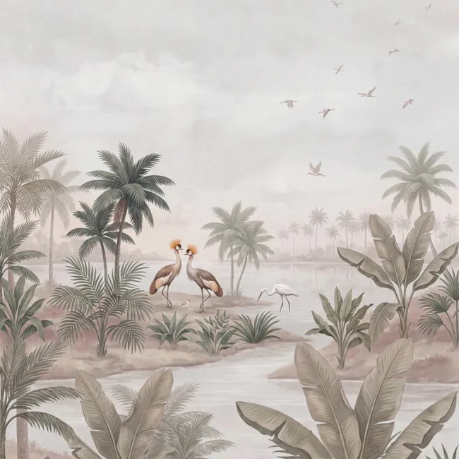 Behang - Kraanvogels - Palmbomen - Tropisch
