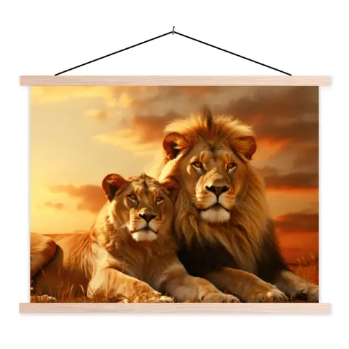 Leeuwen - Zonsondergang - Afrika - Savanne - Dieren textielposter latten blank klein -3d