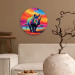 Neushoorn - Zonsondergang - Savanna - Kleurrijk Wandcirkel kunststof plaat 5mm dik klein -sfeer1