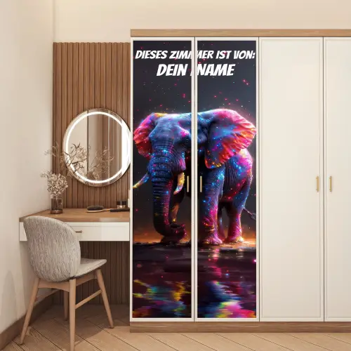 Bunter Neon-Elefant mit Namensfeld. deurposter klein -sfeer3