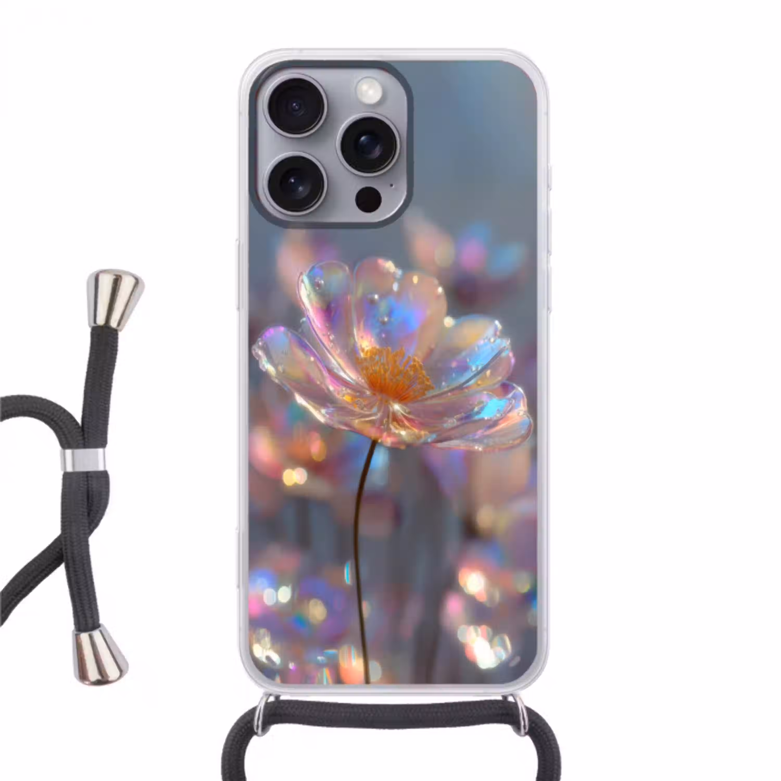 Bloem - Transparant - Pastelkleuren - Druppels Hoesje iPhone 16 Pro Max met koord klein -3d