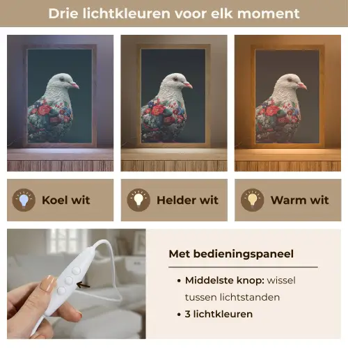 Duif - Bloemen - Wit - Zwart Light Box met kabel (Tafellamp) klein -USP_lichtkleurNL