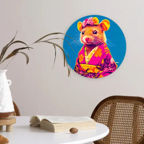 Muis - Kimono - Bloemen - Blauw Wandcirkel plexiglas klein -sfeer4