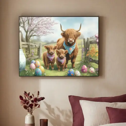 Schotsehooglanders - Paaseieren - Lente Textielframe - compleet frame klein -sfeer1