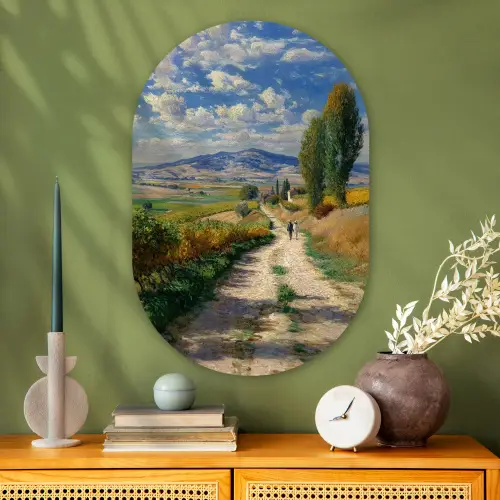 Mensen - Wandelen - Zandpad - Velden Wandcirkel Ovaal Glas middel -sfeer2