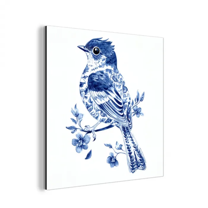 Vogel - Delfts blauw - Illustratie - Bloemen aluminium wit klein -3d