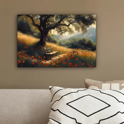 Bankje - Boom - Klaprozen - Heuvels canvas 2cm klein -sfeer3