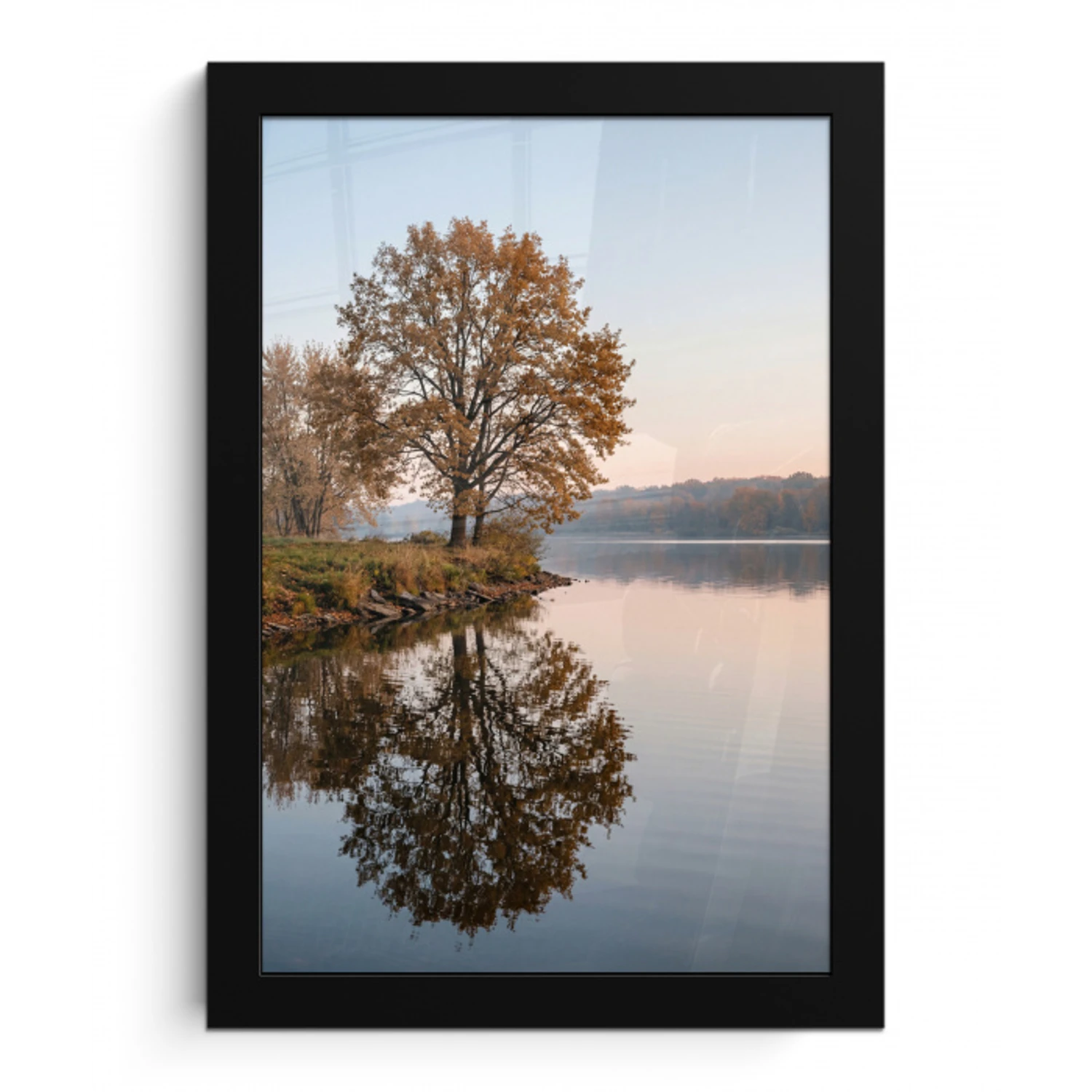 Bomen - Reflectie - Water - Zonsopgang - Serene fotolijst zwart zonder passe partout klein -3d