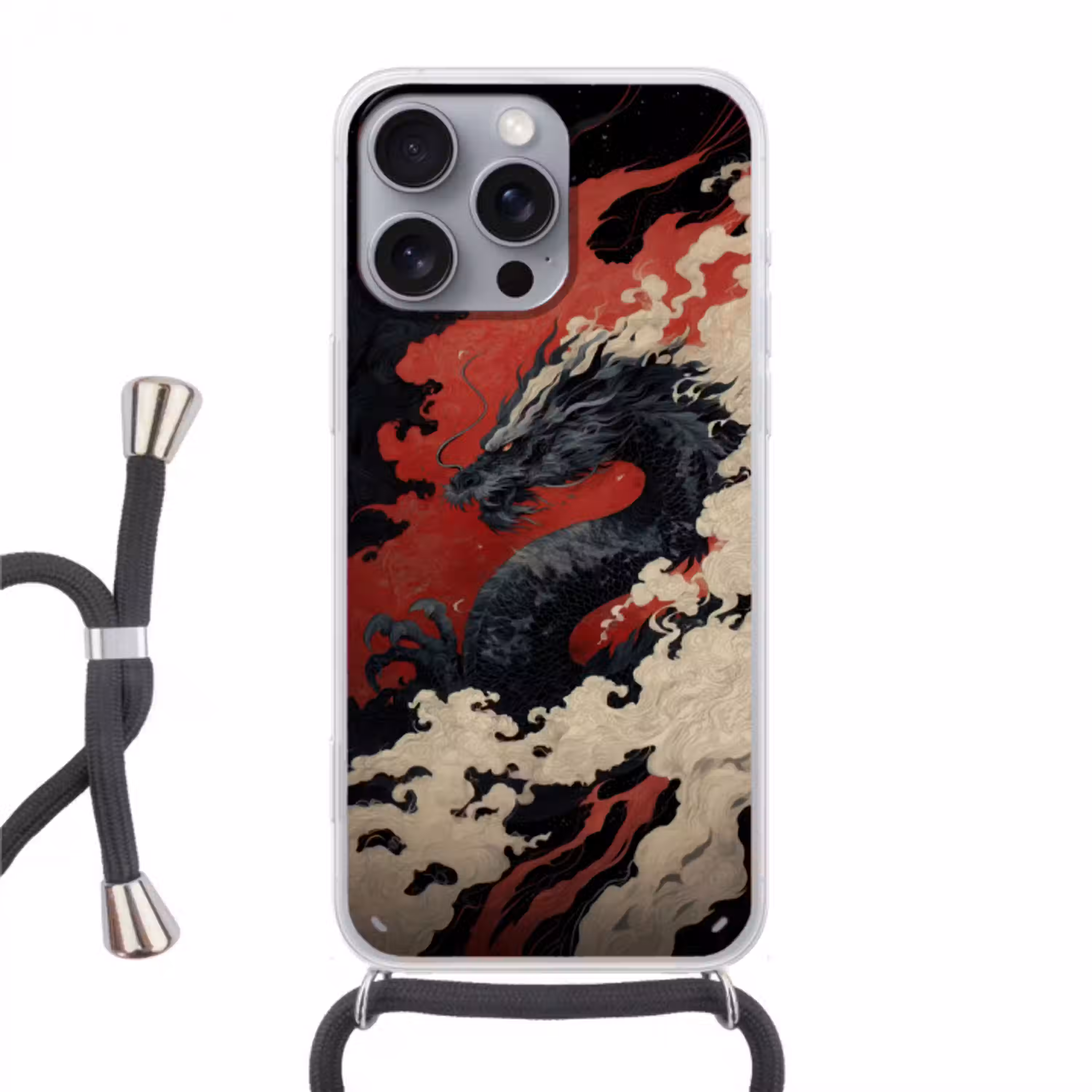 Zwarte draak - Rookwolken - Rood Hoesje iPhone 16 Pro Max met koord klein -3d