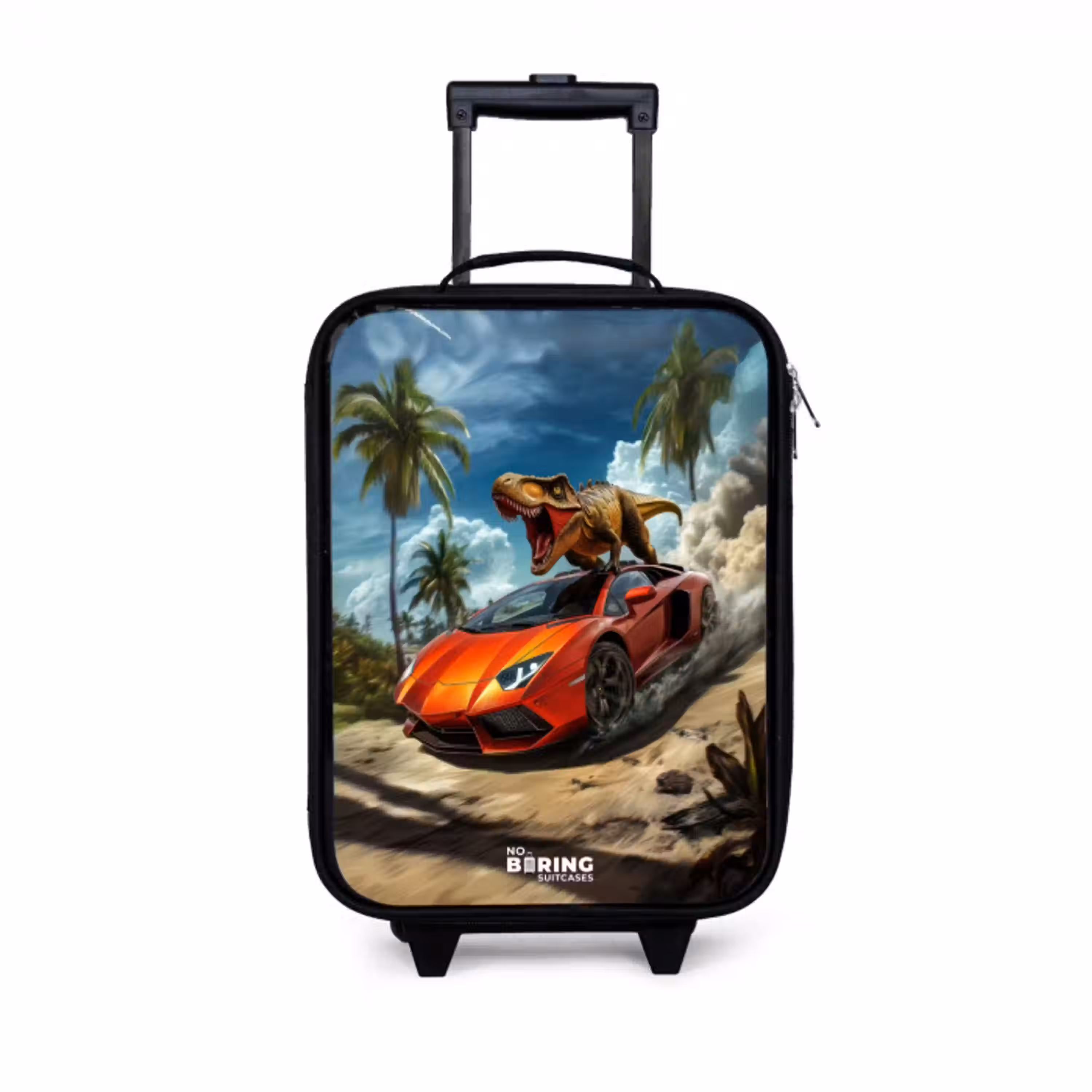 Rode sportauto met dino raast door tropisch strand Kinderkoffer - Zwart klein -3d