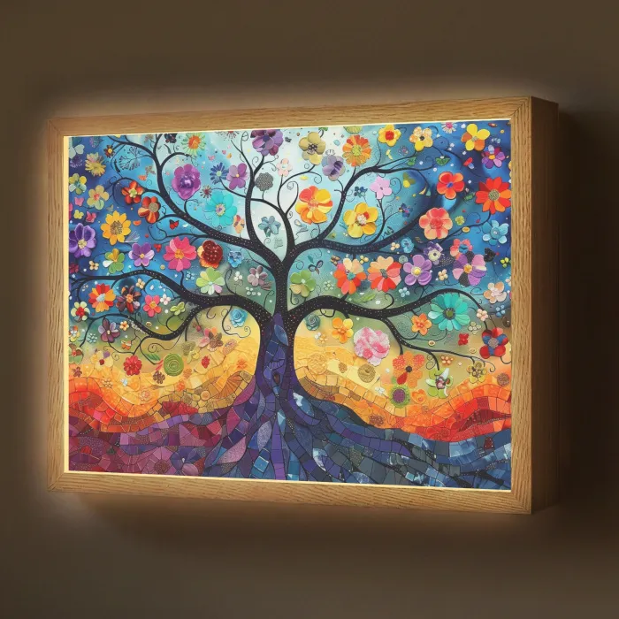 Boom - Kleurrijk - Bloemen - Kunst - Abstract Light Box met batterij (Wandlamp) middel -z3d_website