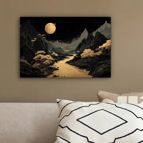 Gouden rivier - Bergen - Maan - Sterrenhemel canvas 2cm klein -sfeer3