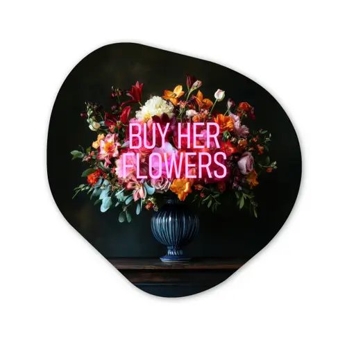 Quote - Bloemen - Vaas - Neon Wandcirkel Organisch Plexiglas middel -3d
