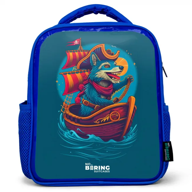 Piraten wasbeer op een boot Kinderrugzak - Blauw middel -3d