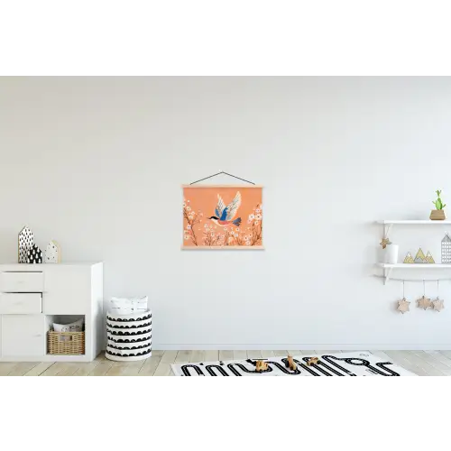 Vogel - Bloesemtakken - Warm - Kleurrijk textielposter latten blank klein -kinderkamer