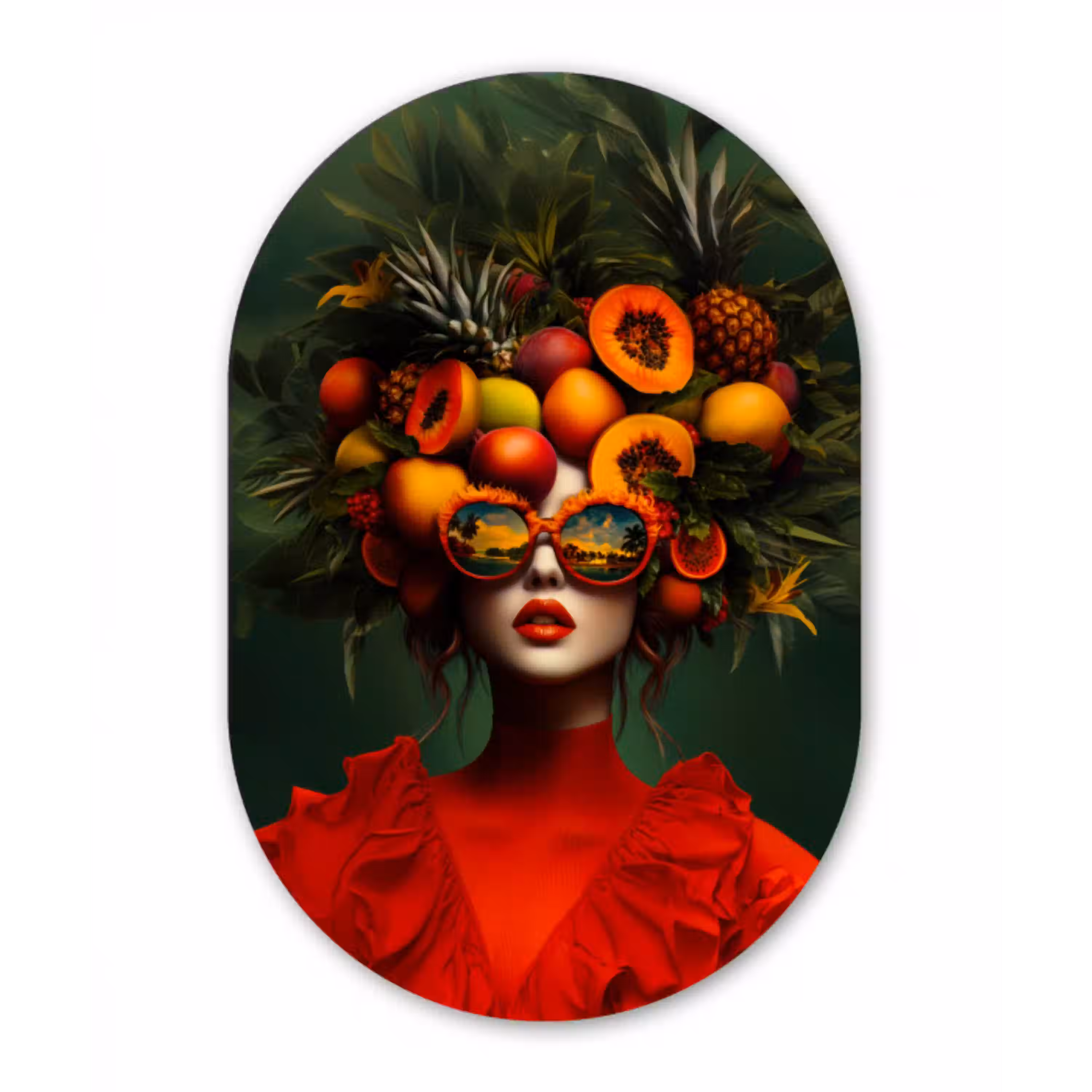 Vrouw - Vruchten - Papaja - Ananas Wandcirkel Ovaal Glas middel -3d
