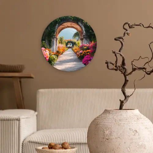 Doorkijk - Bloemen - Tropisch - Kleurrijk Wandcirkel kunststof plaat 5mm dik klein -sfeer1