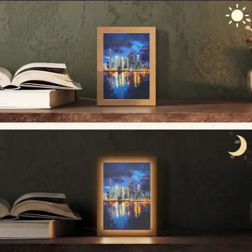 Skyline Toronto - Modern - Stadslicht - Blauw Light Box met kabel (Tafellamp) klein -sfeer3