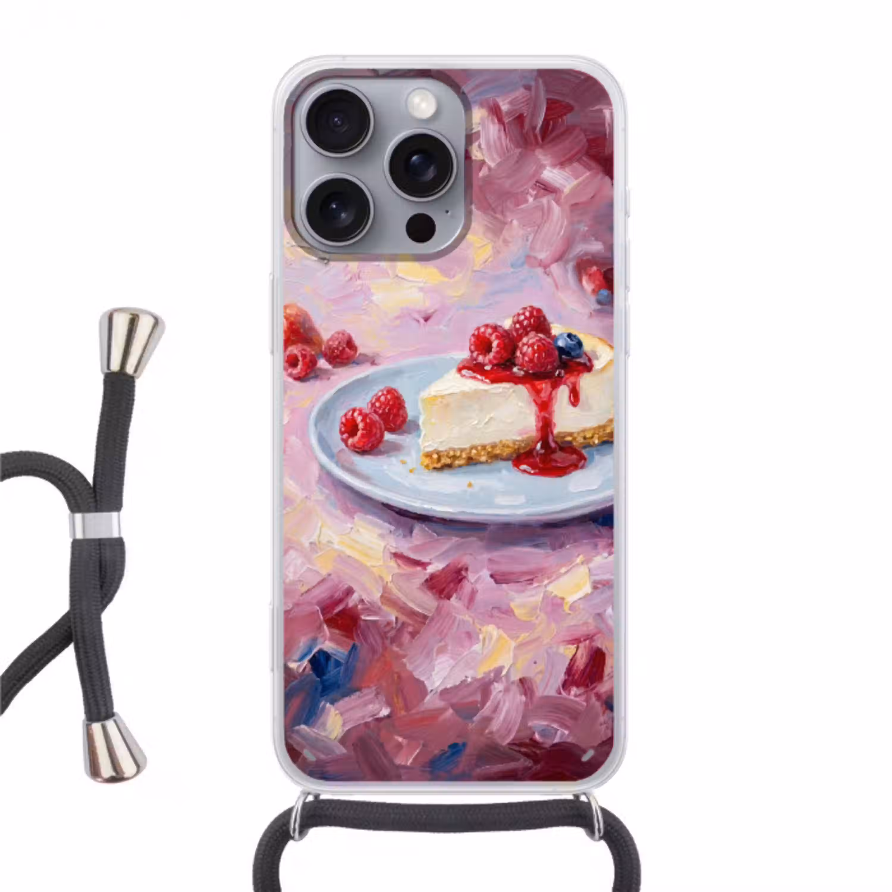 Eten - Cheesecake - Bessen - Abstract - Roze Hoesje iPhone 16 Pro Max met koord klein -3d