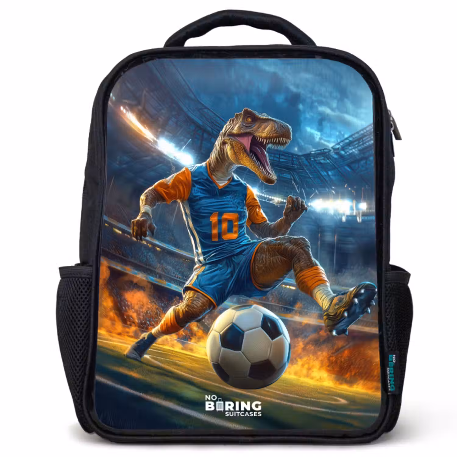 Kinder rugzak - T-Rex als voetballer in vol stadion