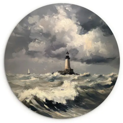Vuurtoren - Golven - Storm Wandcirkel kunststof plaat 5mm dik klein -3d