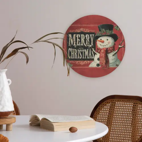Klassiek - Kerstgroet - Sneeuwpop - Rood Akoestische PET Vilt - Rond klein -sfeer3