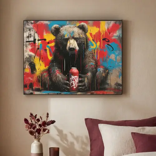 Graffiti - Beer - Dier - Muur - Street art Textielframe zwart klein -sfeer1