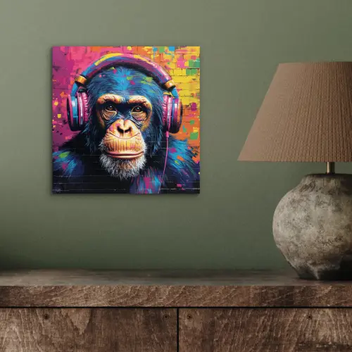 Graffiti - Chimpanzee - Street art - Koptelefoon - Aap aluminium wit klein -sfeer2