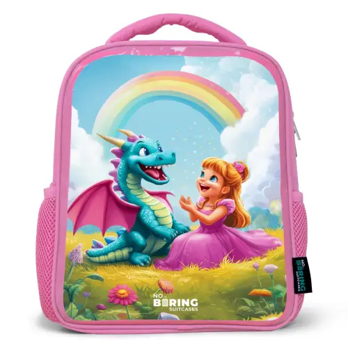 Prinses en dino in een kleurrijke wereld Kinderrugzak - Roze middel -3d