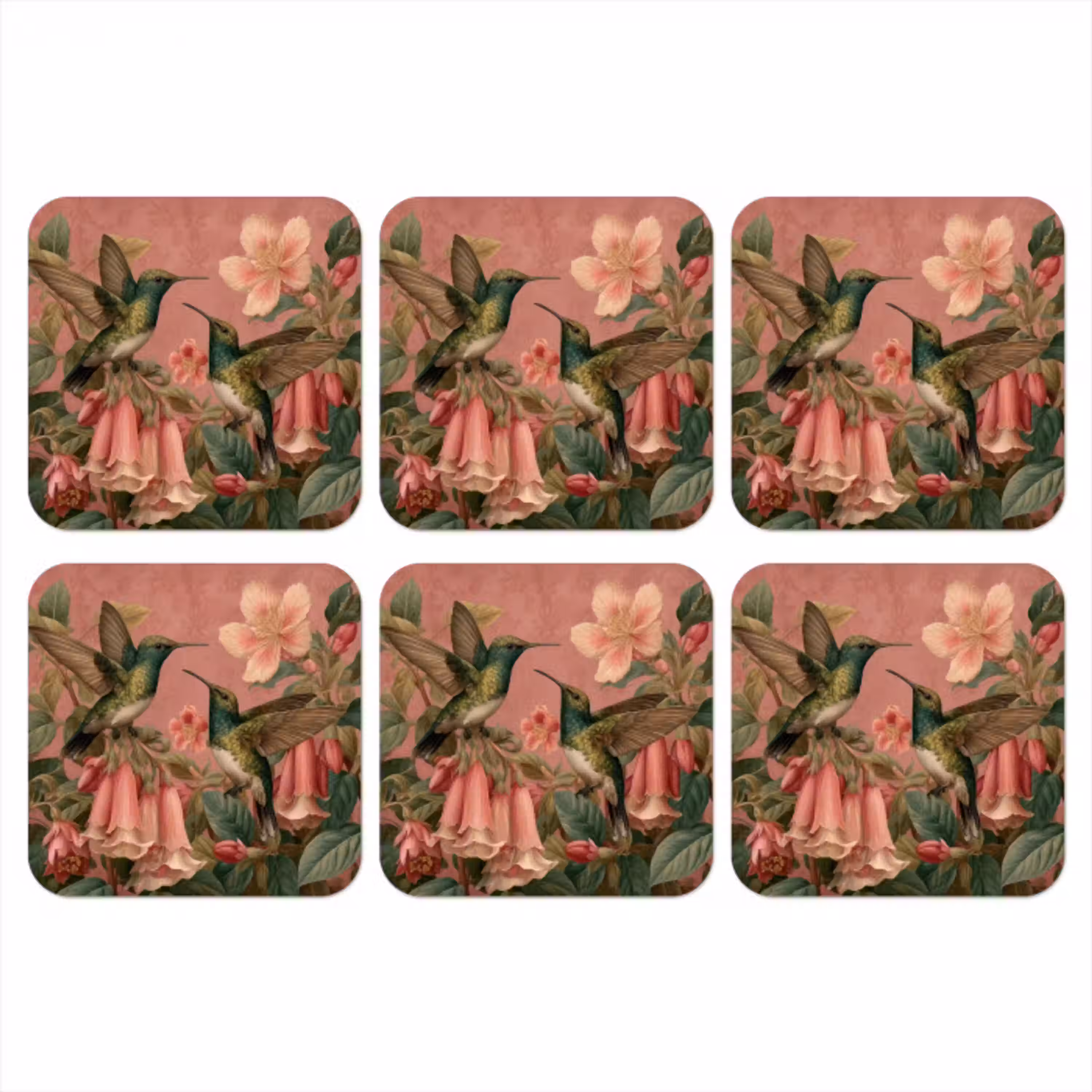 Kolibries - Bloemen - Groen - Roze onderzetter kurk middel -3d