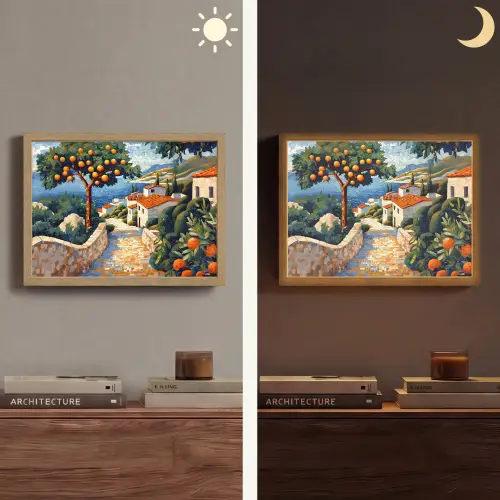 Huizen - Mozaïek - Sinaasappelbomen - Zee Light Box met batterij (Wandlamp) middel -sfeer3