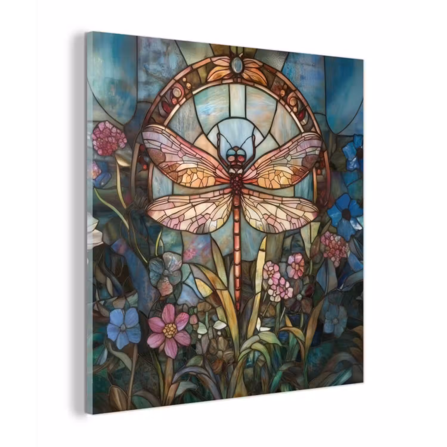 Glas schilderij - Libelle - Mozaïek - Bloemen - Kleurrijk