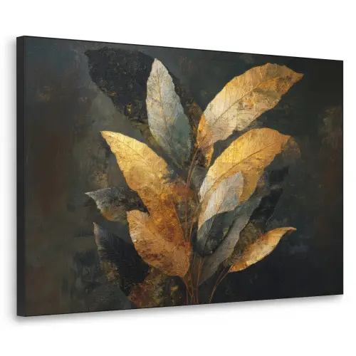 Gouden Bladcompositie – Botanische Luxe Textielframe zwart klein -3d