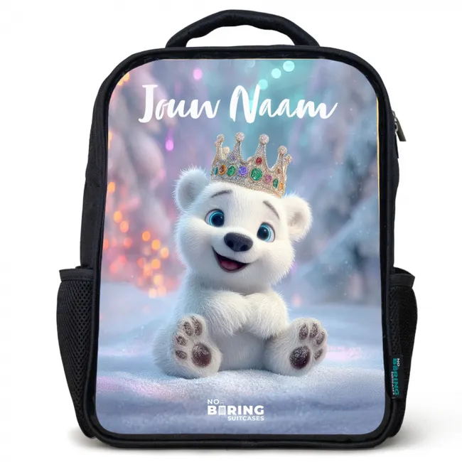 Rugzak kind met naam - Zwart - Ijsbeer - Kroon - Winter