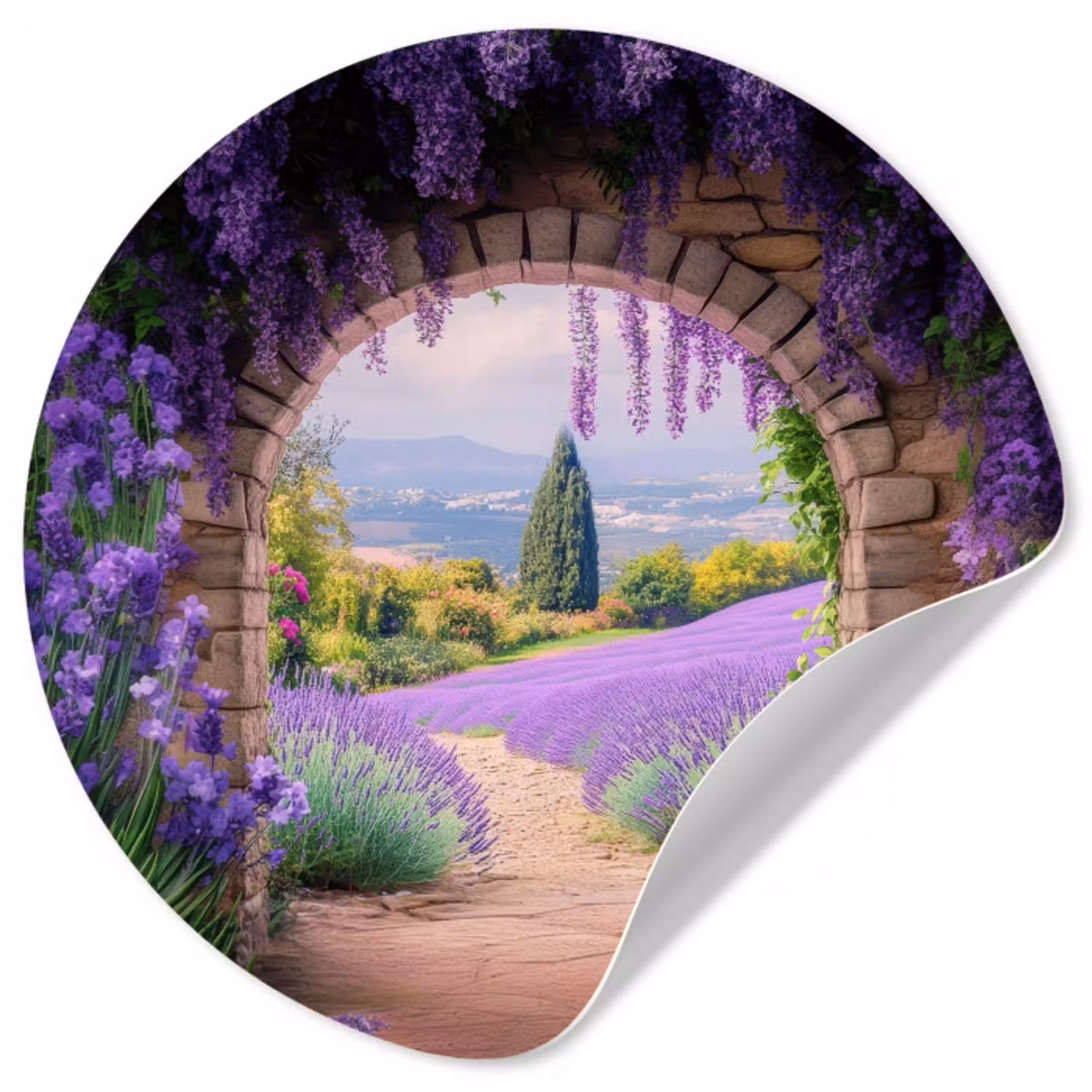 Doorkijk - Lavendel - Bloemen - Paars - Poort Wandcirkel behangsticker klein -3d