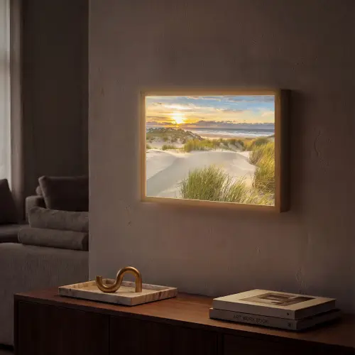 Zonsondergang - Duinen - Strand - Landschap Light Box met batterij (Wandlamp) middel -sfeer1