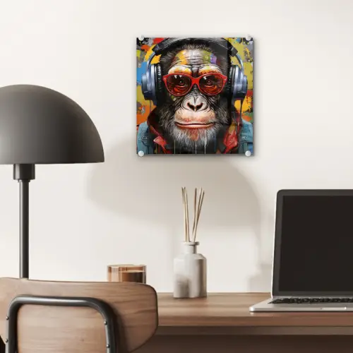 Chimpansee - Aap - dieren - Graffiti - Bril - Koptelefoon - Kleuren plexiglas 5mm klein -sfeer6