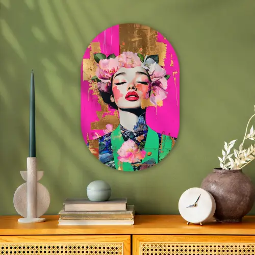 Bloemenkroon - Goud - Vrouw - Portret Wandcirkel Ovaal Forex klein -sfeer2