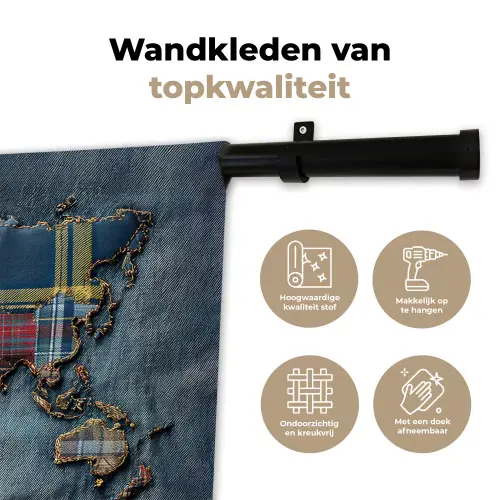 Wereldkaart - Denim - Textiel Wandkleed katoen klein -sfeer2