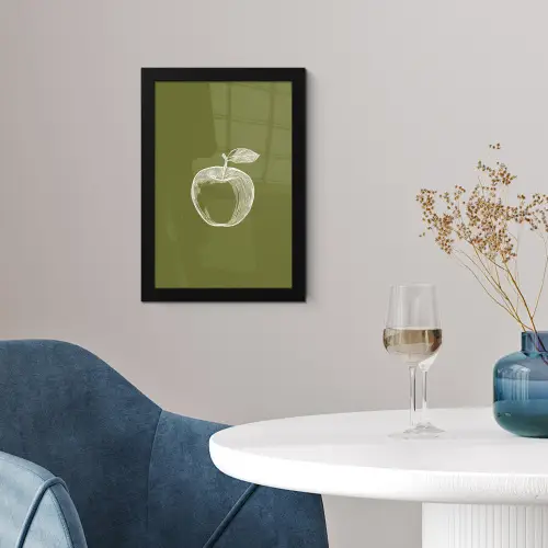 Lijntekening - Appel - Olijfgroen - Blaadje fotolijst zwart zonder passe partout klein -sfeer4