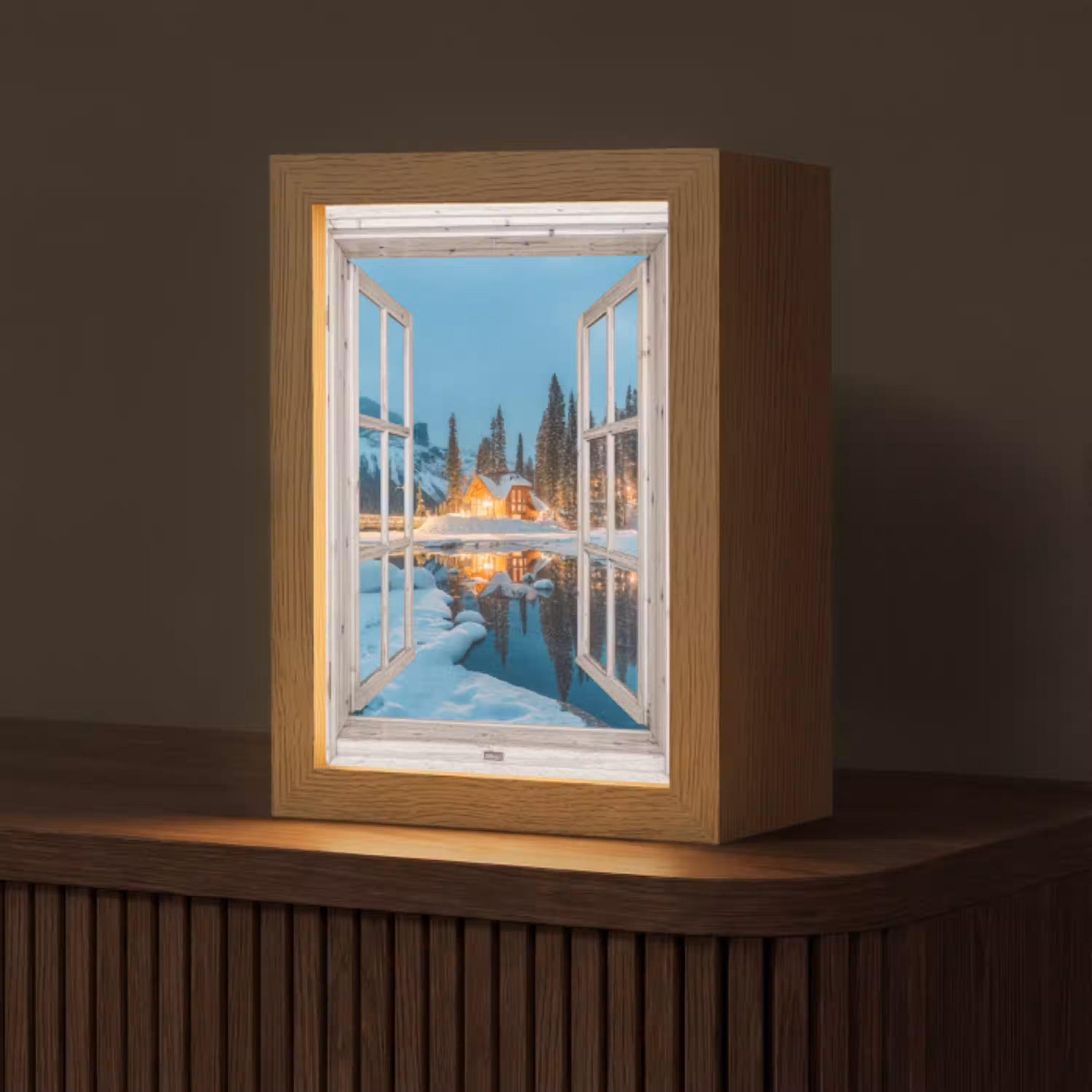 Doorkijk - Winterlandschap - Natuur - Huis - Bergen Light Box met kabel (Tafellamp) klein -z3d_website